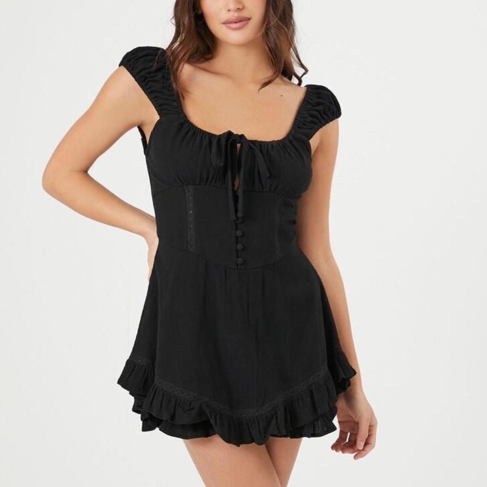 Forever 21 Black Ruffle Lace Paneling Milkmaid Romper